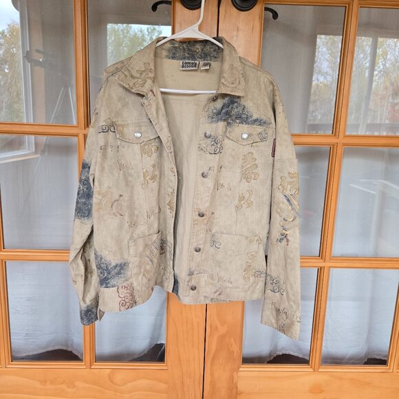 Chico's Design Denim Jacket Size 2 Women's Medium Beige Oriental Print Stretch - Picture 1 of 10